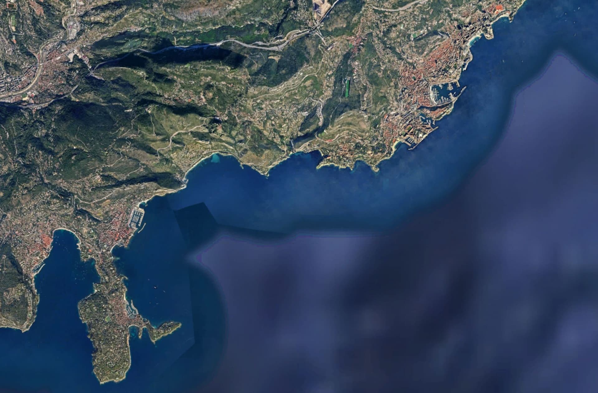 Satellite view of the coast from Saint-Jean-Cap-Ferrat to Monaco