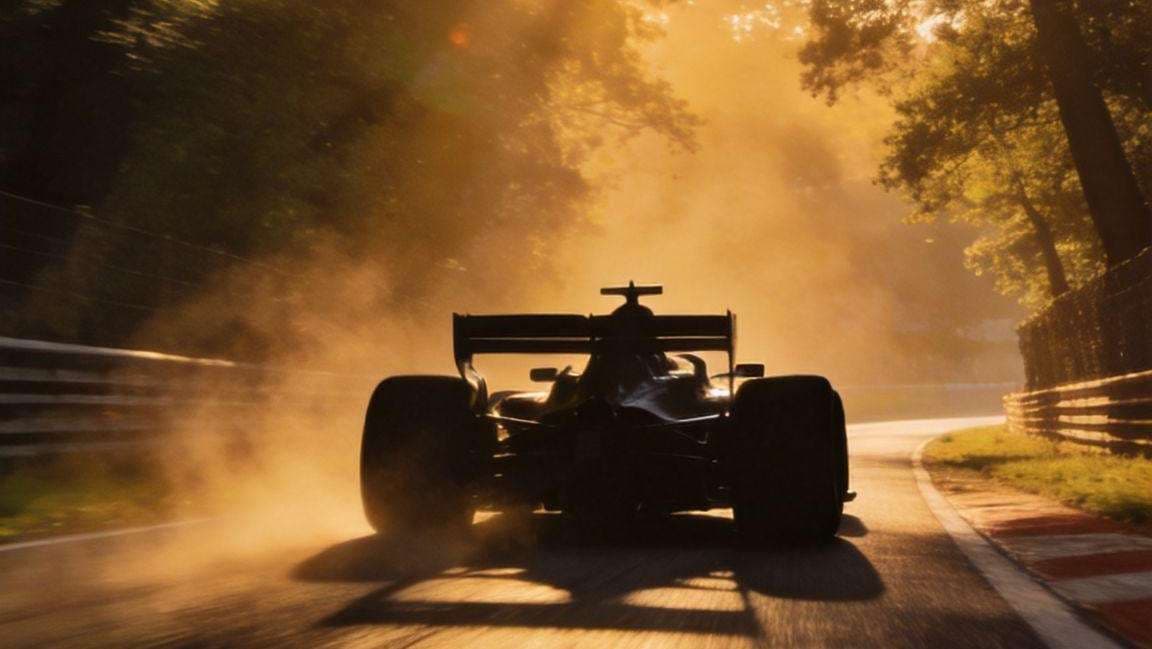 A racing car silhouetted in golden dust at dusk